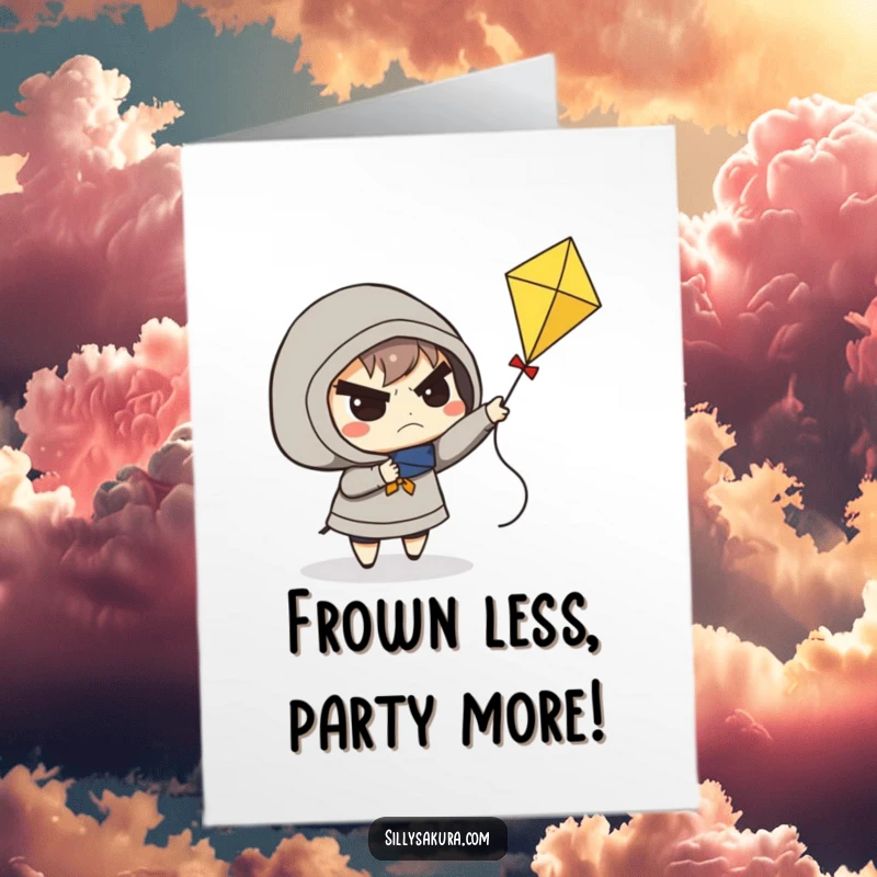 Funny Free Printable Birthday Card: A frowning character struggles to fly a tiny kite, a metaphor for birthday wishes.