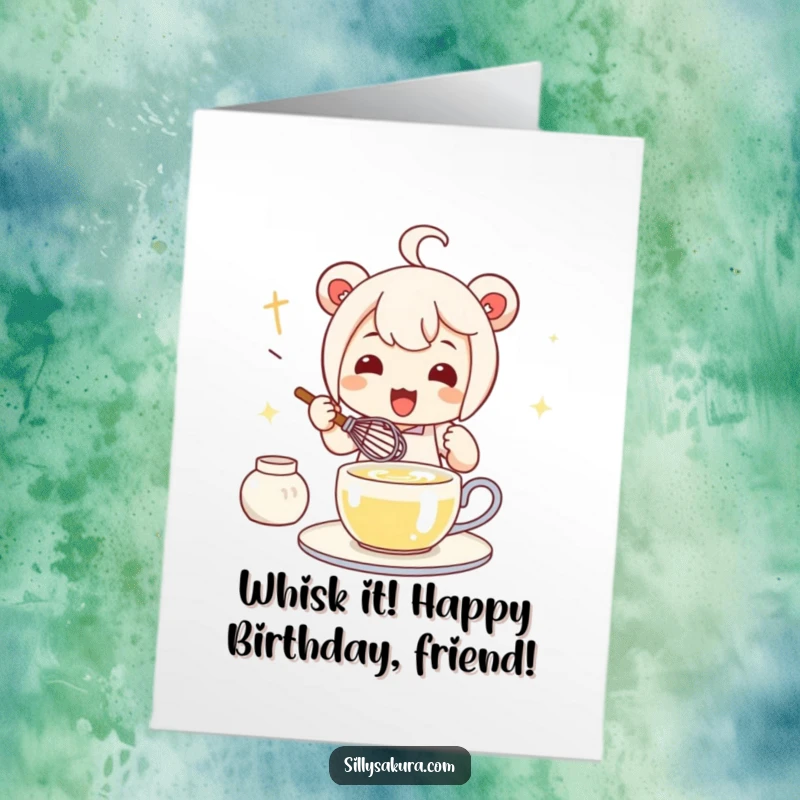 Funny Free Printable Birthday Card: A cute Kawaii character enthusiastically preparing tea with a whisk, ready to celebrate.