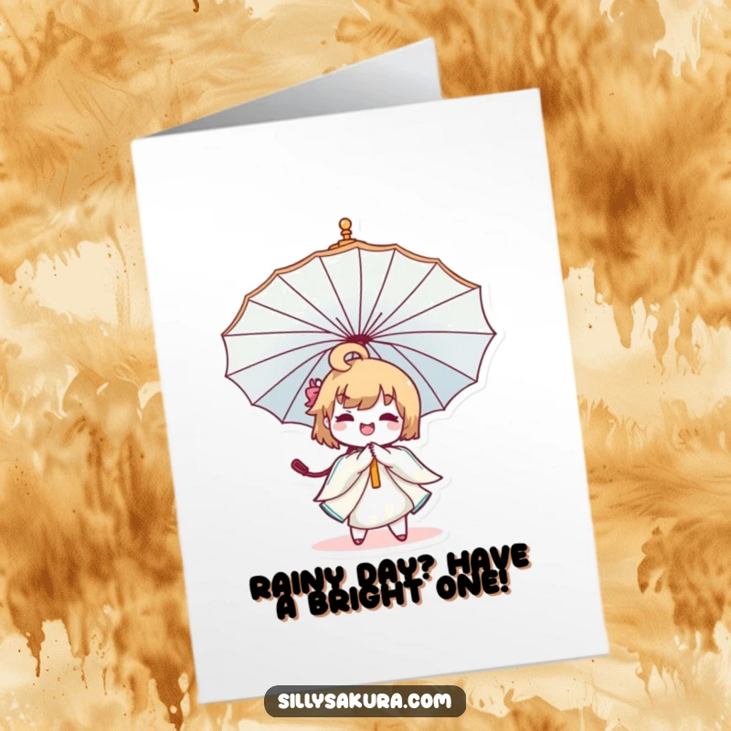 Funny Free Printable Birthday Card: Kawaii character twirling a decorative umbrella with pure joy, ready to celebrate.