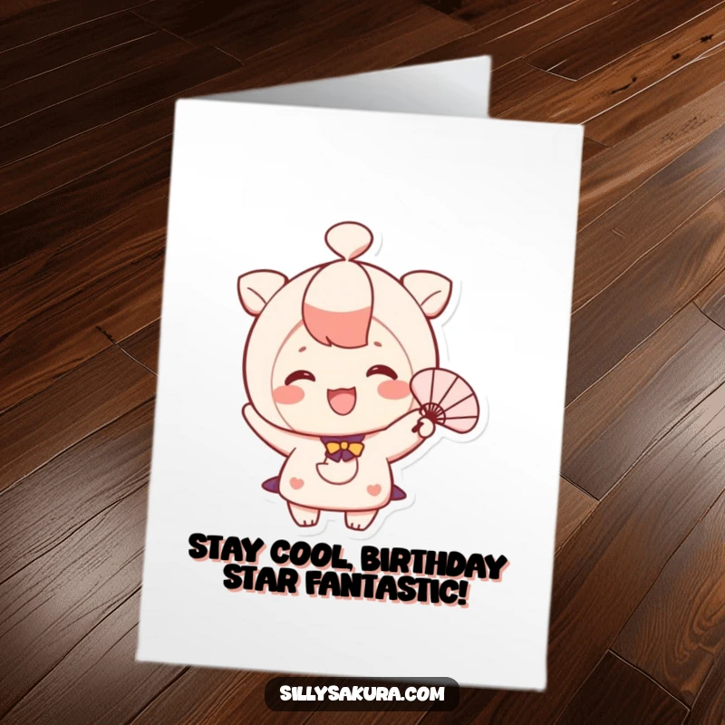Funny Free Printable Birthday Card featuring a cute character with a bright smile happily waving a small fan, a delightful downloadable.