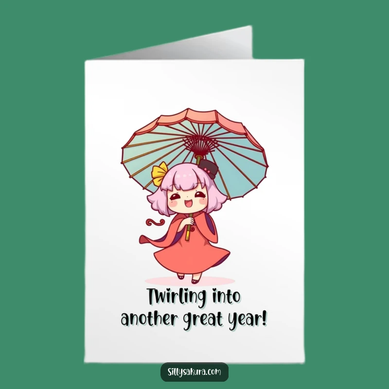 Free Printable Birthday Card: Joyful Kawaii Umbrella Twirler Fun Downloadable Gift