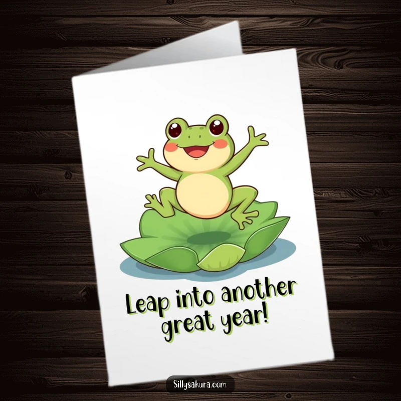 Funny Free Printable Birthday Card, a cute frog joyfully jumping onto a lotus pad, celebrating with excitement