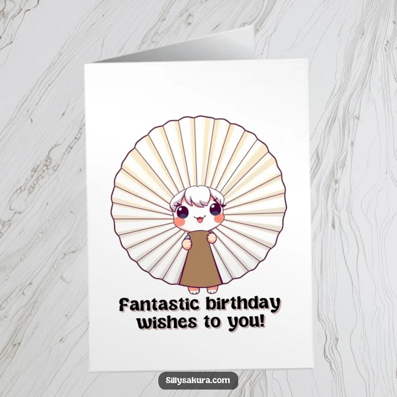 Funny Free Printable Birthday Card: a cute character adorably peeking from behind a giant, smiling fan for a surprise.