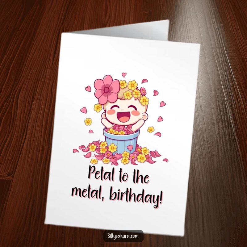 Funny Free Printable Birthday Card showing a laughing character joyfully spilling a bucket of bright flower petals, celebrating with flair.
