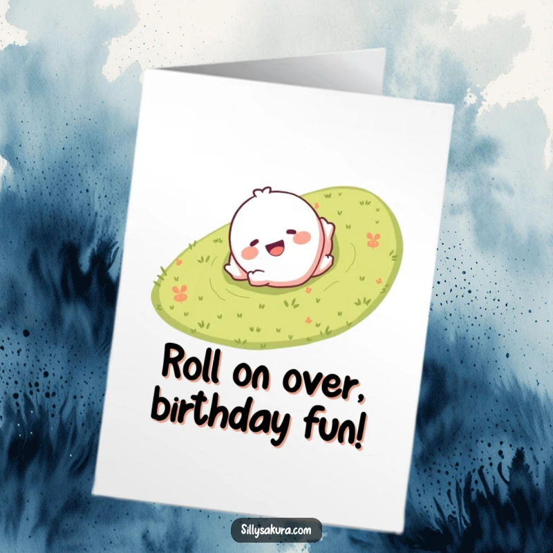 Funny Free Printable Birthday Card showing a giggling character with a smile playfully rolling down a grassy hill, full of mirth.