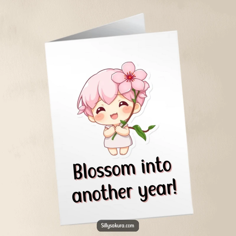 Funny Free Printable Birthday Card: Tiny character with a large smile holding a blooming cherry blossom, charming and sweet.