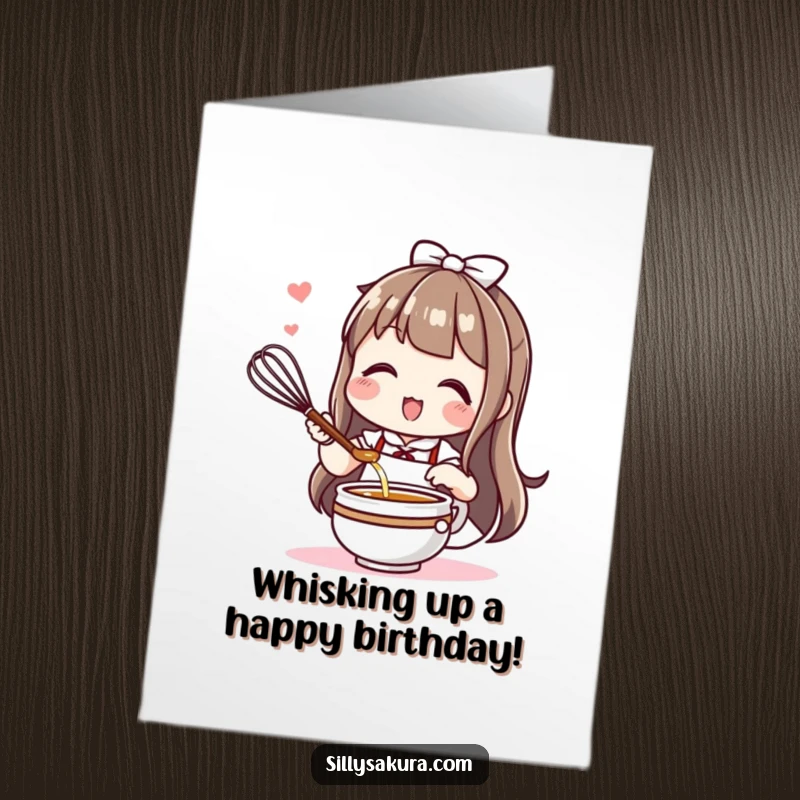 Funny Free Printable Birthday Card: Cute Kawaii character enthusiastically preparing tea with a whisk, celebrating your special day with joy.