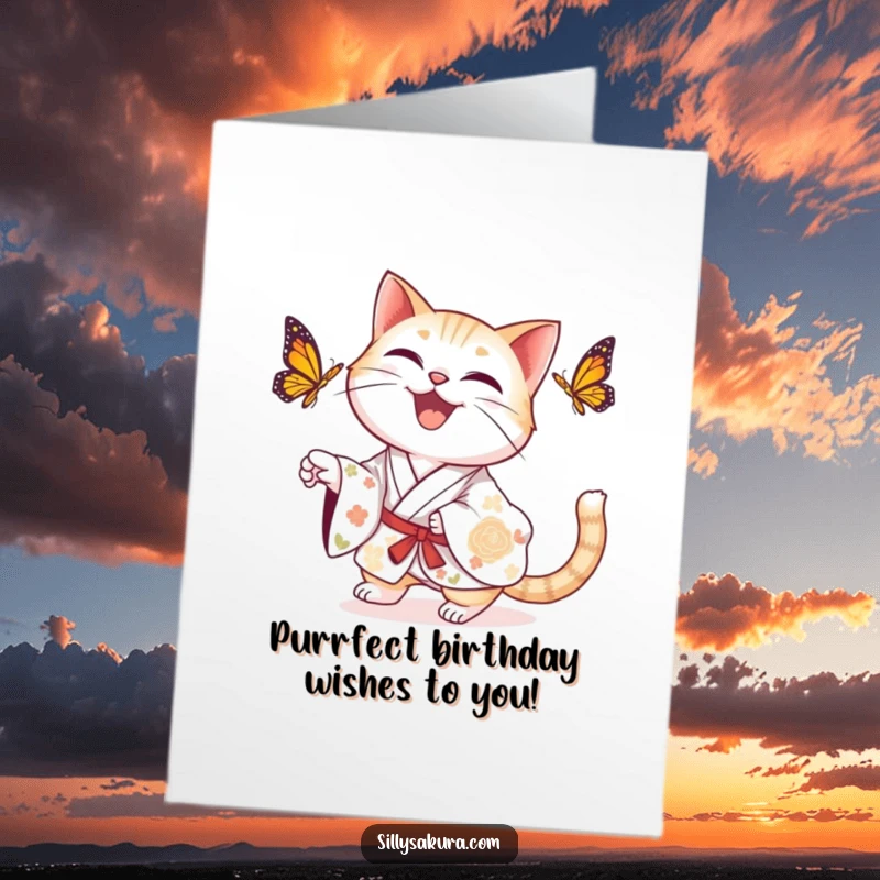 Funny Free Printable Birthday Card: A delighted cat in a floral kimono joyfully chases a butterfly, a charming downloadable for cat lovers.