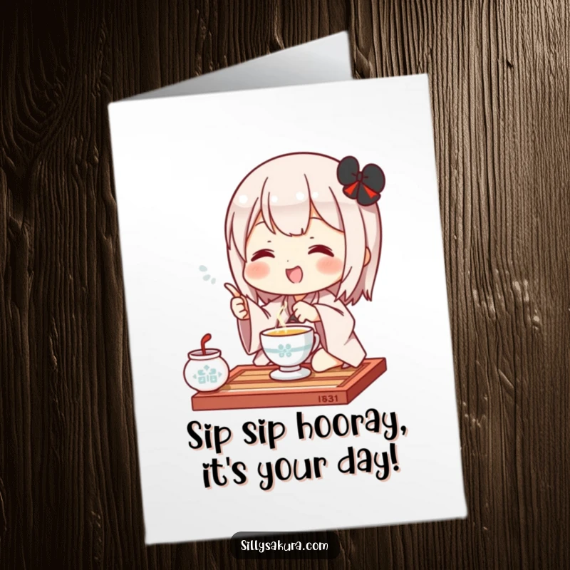 Funny Free Printable Kawaii tea ceremony card, a cute character gracefully performing a tea ceremony gesture, perfect for birthdays.