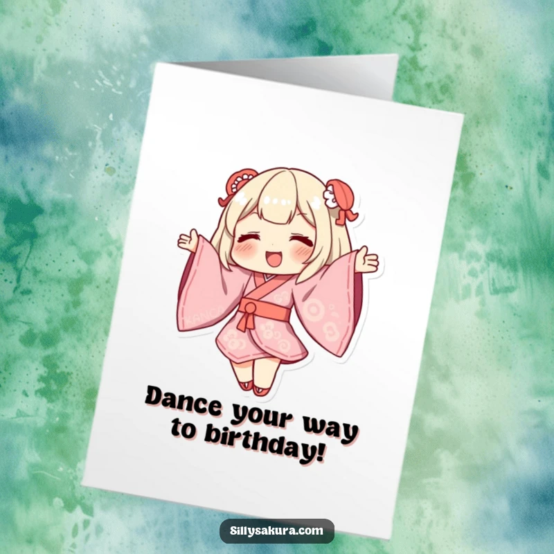 Funny Free Printable Kimono character gracefully dancing with wide sleeves billowing, bringing celebratory energy.