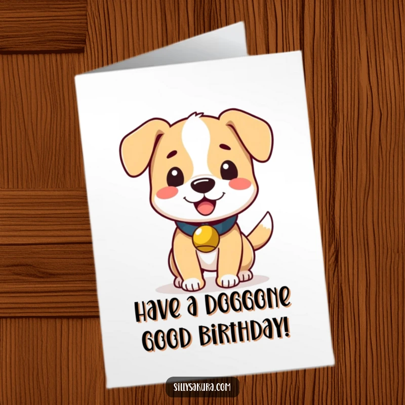 Funny Free Printable Wagging Dog Birthday Card: A cute dog with a small bell on its collar wags its tail enthusiastically for a birthday celebration.