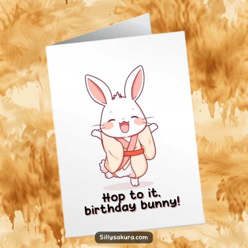 Funny Free Printable Birthday Card: A giggling rabbit in a silk kimono hilariously attempts a handstand, a delightful downloadable for any birthday.