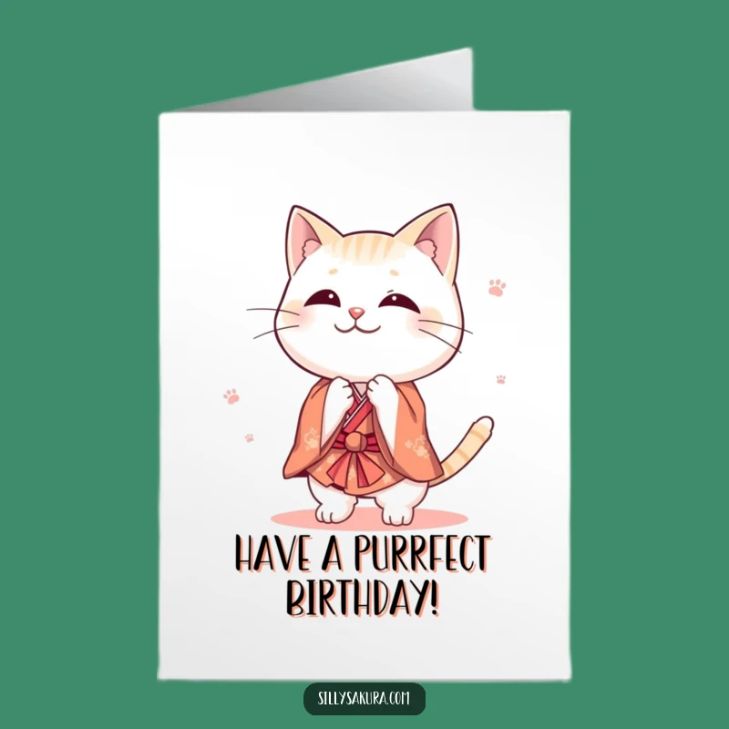 Free Printable Birthday Card: Cat Kimono Bow Downloadable Gift