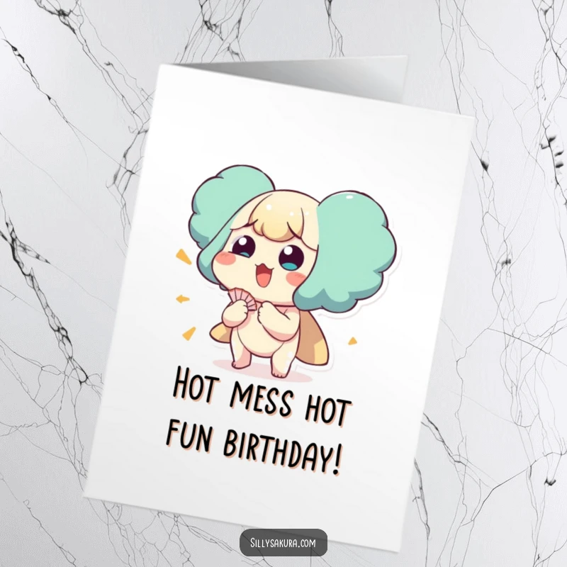Funny Free Printable Birthday Card: A character comically fans itself with a huge, heat-induced expression, wishing a happy birthday.
