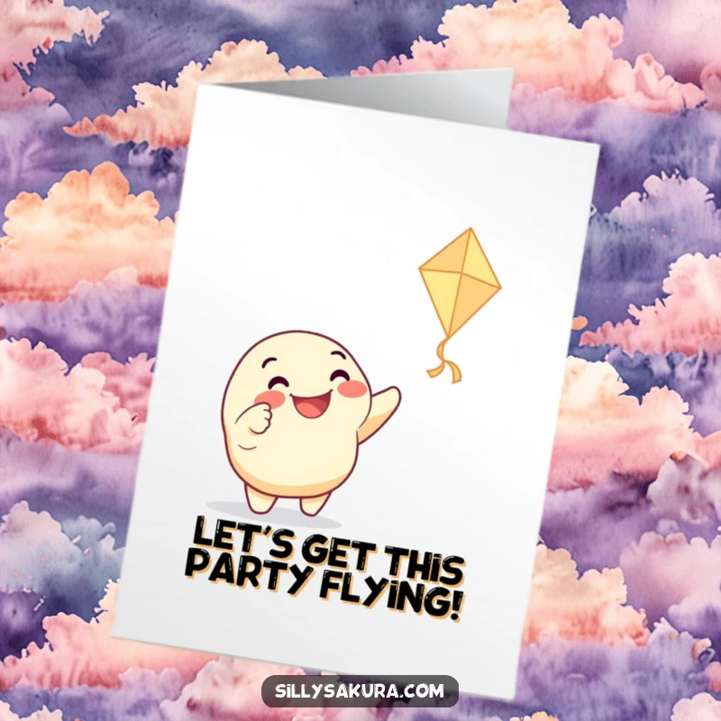 Funny Free Printable Birthday Card: Grinning character pointing at a dancing paper kite, perfect for DIY.