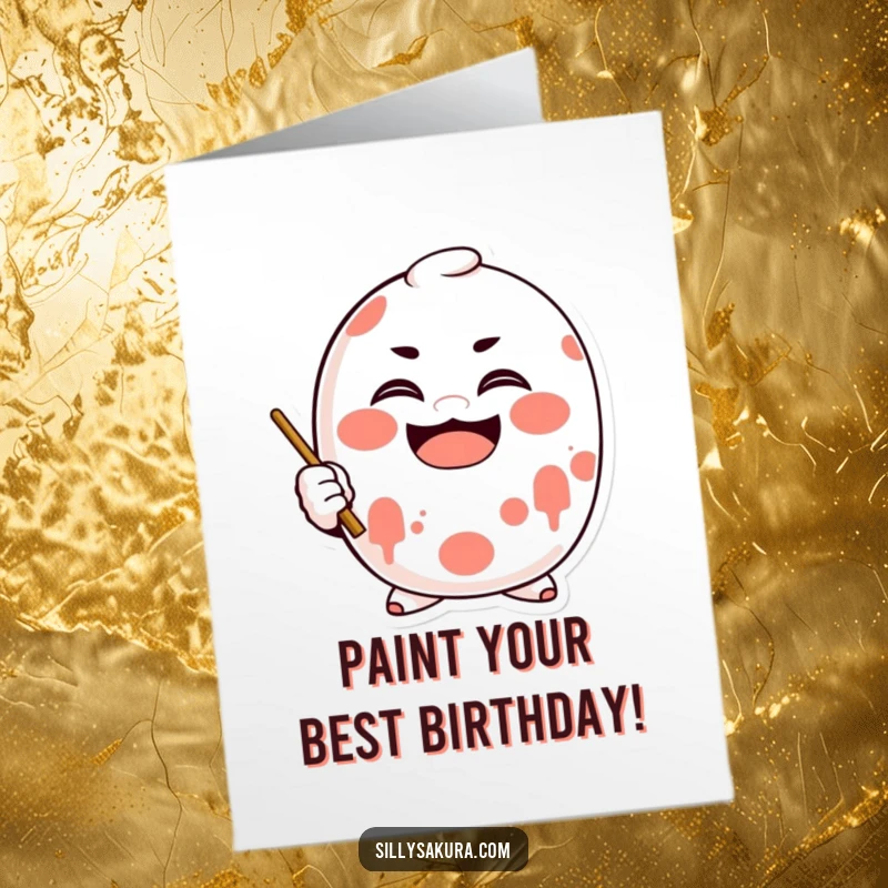 Funny Free Printable Daruma doll character happily painting a big smile onto its own face, symbolizing birthday joy.