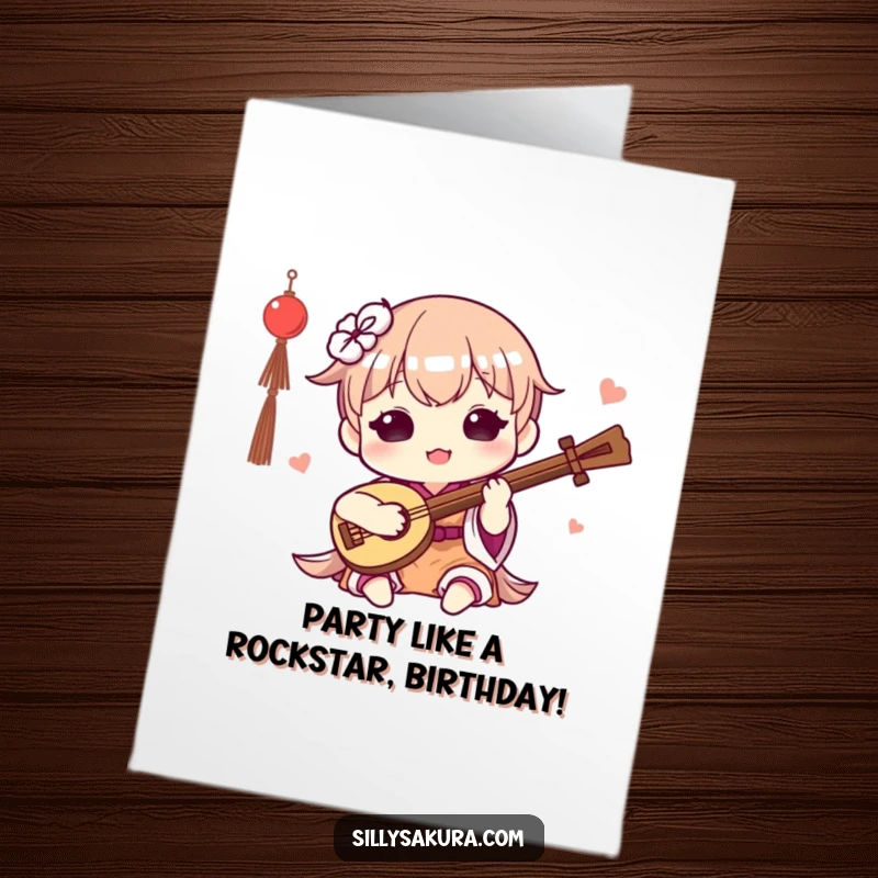 Funny Free Printable Kawaii birthday card, a cute character happily playing a small traditional instrument, spreading musical joy.