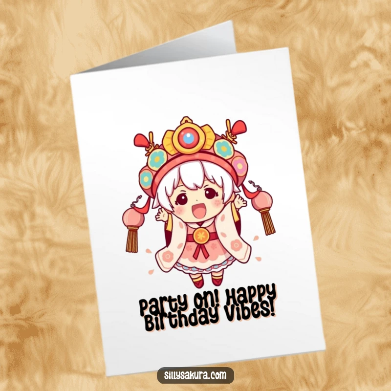 Funny Free Printable Birthday Card: A Kawaii character excitedly wearing elaborate festival attire, ready to party.