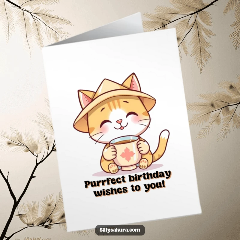 Funny Free Printable Birthday Card: Smiling cat in a paper hat offers a warm cup of tea.