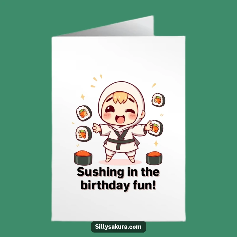 Free Printable Birthday Card: Funny Sushi Juggling Character, Hilarious Downloadable Gift