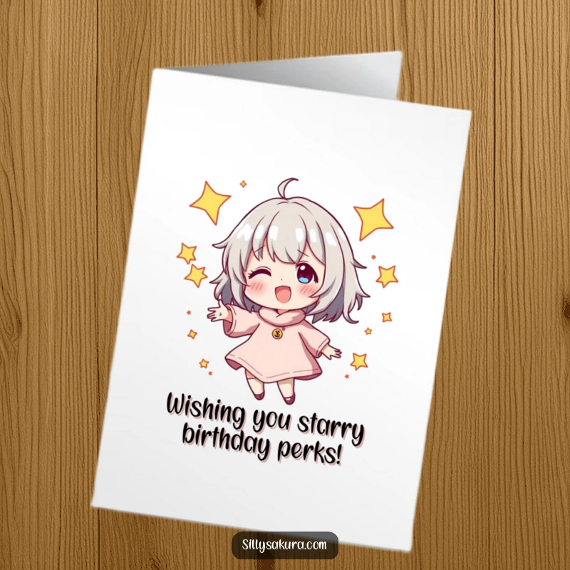 Funny Free Printable Birthday Card showing a character energetically juggling sparkling stars, symbolizing a wish come true.