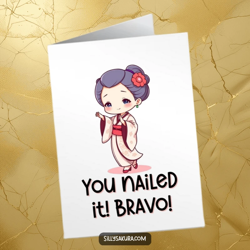 Funny Free Printable Congratulations Card: A tiny geisha dancer celebrating achievements with a humorous and joyful move, ready to print.
