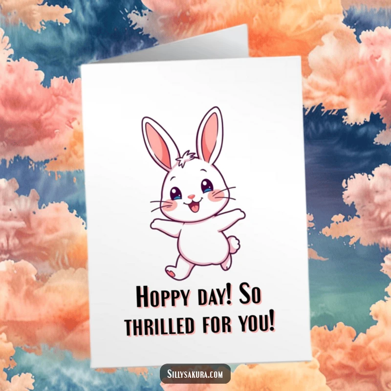 Funny Free Printable Congrats Card: Cheerful rabbit hopping with ears up, radiating pure delight and celebration.
