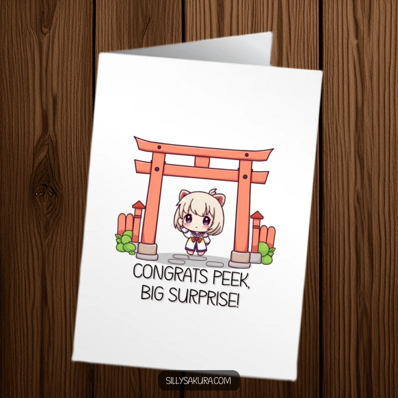 Funny Free Printable Congrats Card: A character with an inquisitive expression peeking out from behind a traditional torii gate.