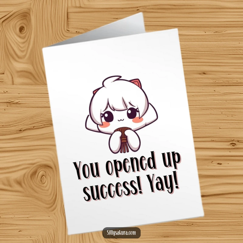 Funny Free Printable Congratulations Card showing a stylized Japanese fan character opening with a celebratory flourish, marking an achievement.