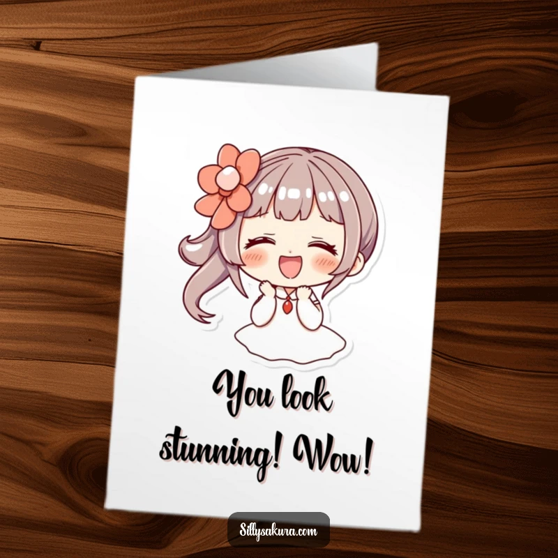Free Printable Congratulations Card: Character giggling joyfully while sporting a large, eye-catching decorative hairpin.