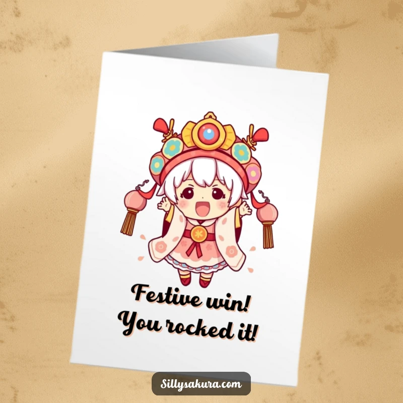 Funny Free Printable Congrats Card: A Kawaii character excitedly wearing elaborate festival attire, celebrating.