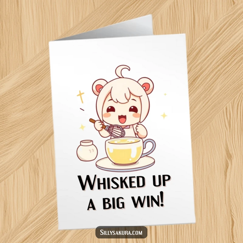 Funny Free Printable Congrats Card: A cute Kawaii character enthusiastically preparing tea, celebrating success.