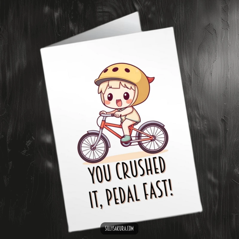 Funny Free Printable Congratulations Card: Character on a small bike celebrating success with pure excitement.