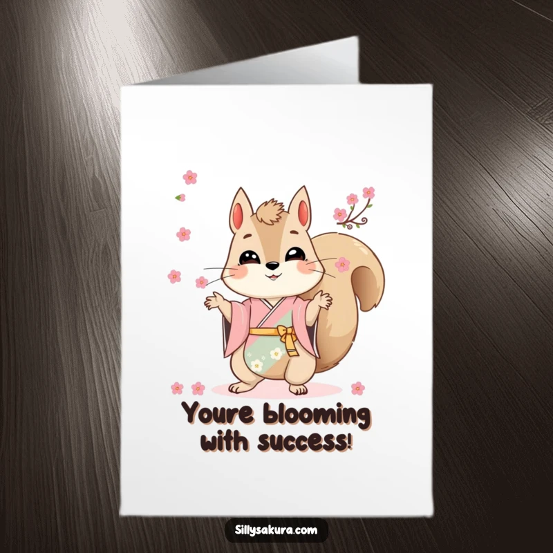 Funny Free Printable Congratulations Card: A squirrel in a kimono juggles cherry blossoms in celebration.