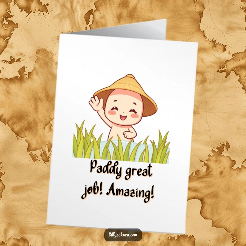 Free Printable Congratulations Card: Character in a straw hat waving from a rice field, celebrating success with joy.