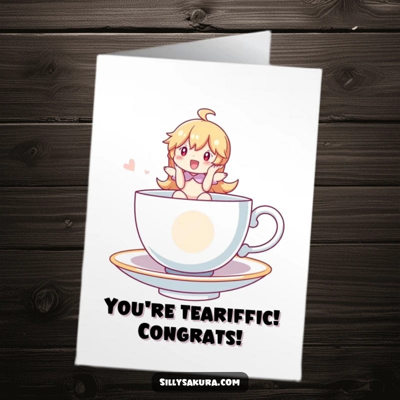 Funny Free Printable Congratulations Card featuring a character happily riding a magical, floating tea cup, celebrating achievements.
