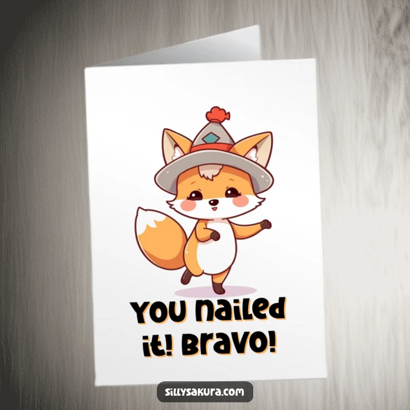 Funny Free Printable Fox Congratulations Card: A cheerful fox in a small hat performing an excited dance to celebrate success.