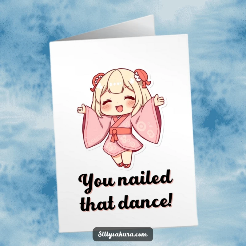 Funny Free Printable Kimono character performing a graceful dance, sleeves billowing, perfect for celebrating achievements.