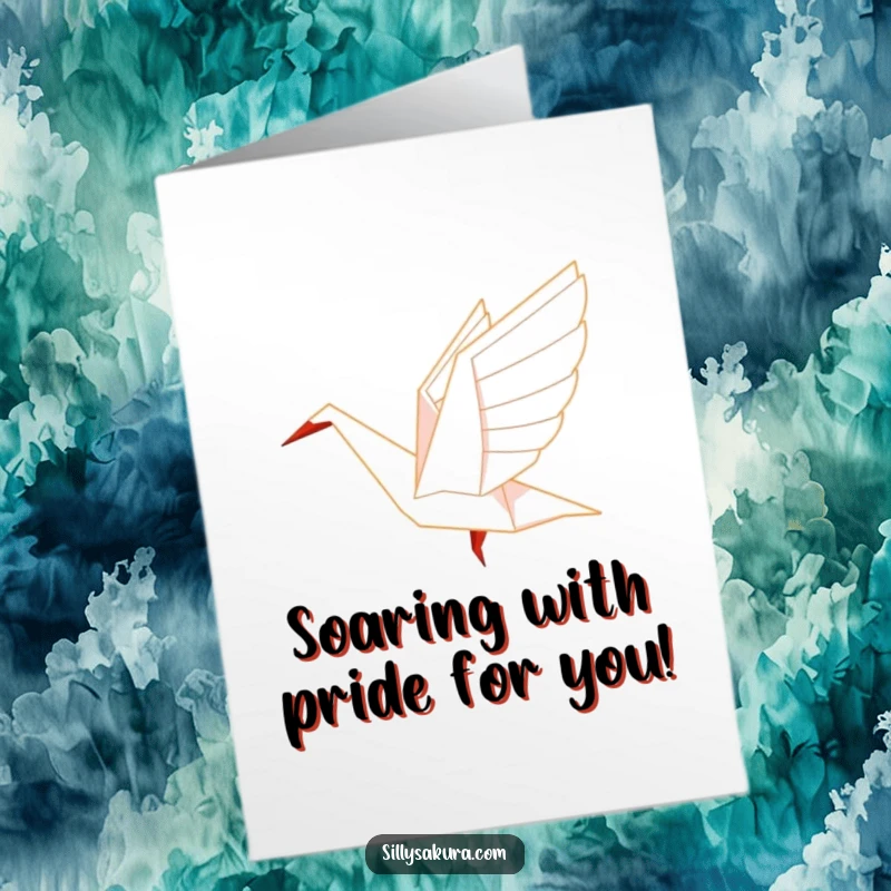 Funny Free Printable origami crane character soaring gracefully into the sky, signifying congratulations and reaching new heights.