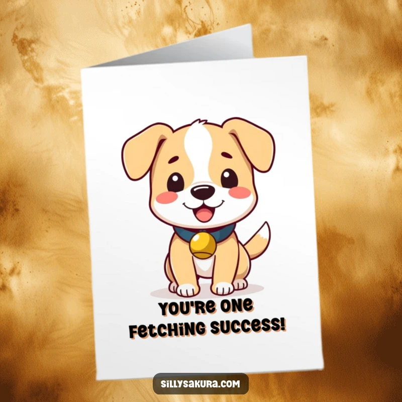 Funny Free Printable Wagging Dog Congratulations Card: A cute dog, bell jingling, wags its tail vigorously to express great congratulations.