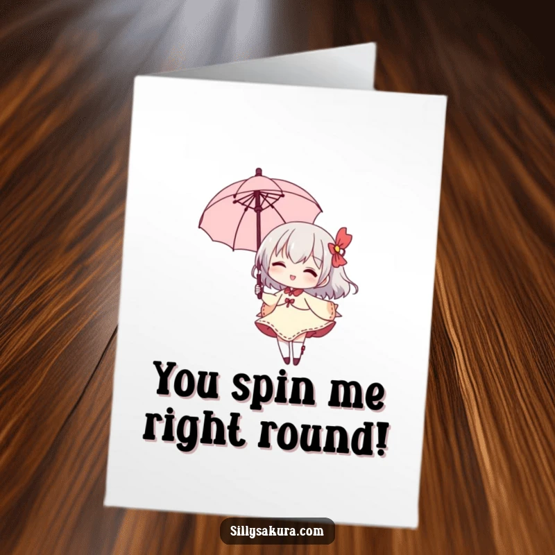 Funny Free Printable Congratulations Card: Character twirls elegantly with a parasol, grinning at their success.
