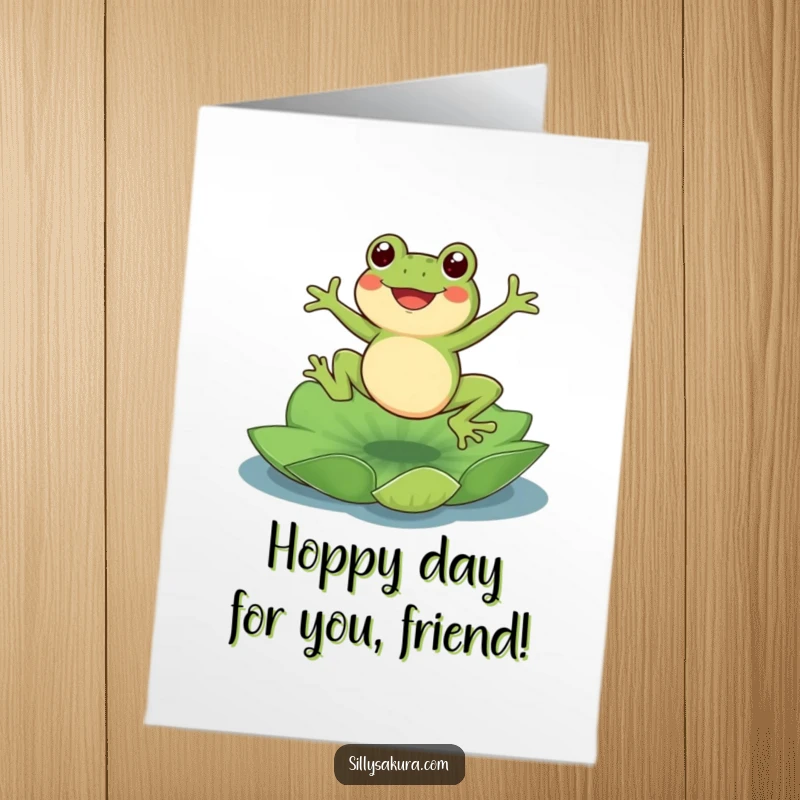 Funny Free Printable Congratulations Card, a cute frog leaping with joy onto a lotus pad, celebrating success