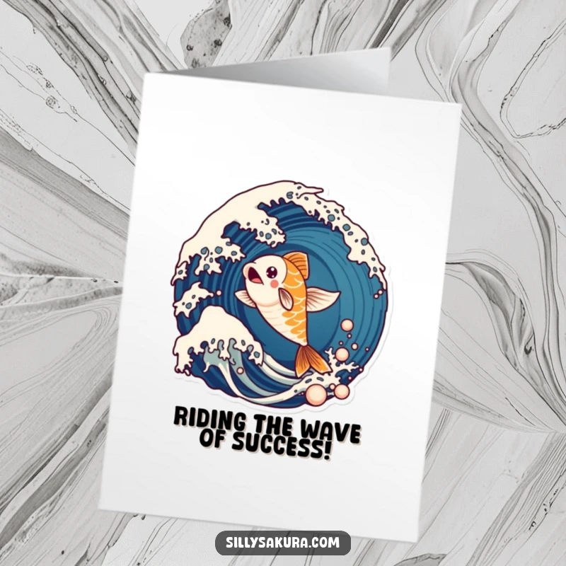 Funny Free Printable Congratulations Card: A dynamic koi fish character leaps joyfully from an energetic wave. Downloadable art.