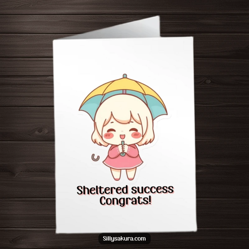 Funny Free Printable Congratulations Card: A rosy-cheeked character giggles under a tiny umbrella, celebrating success with a downloadable touch.