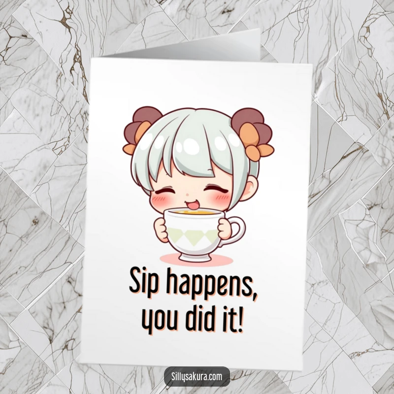 Funny Free Printable Congrats Card showing a cute character with a wide smile playfully sipping from a tiny teacup, celebrating achievement.