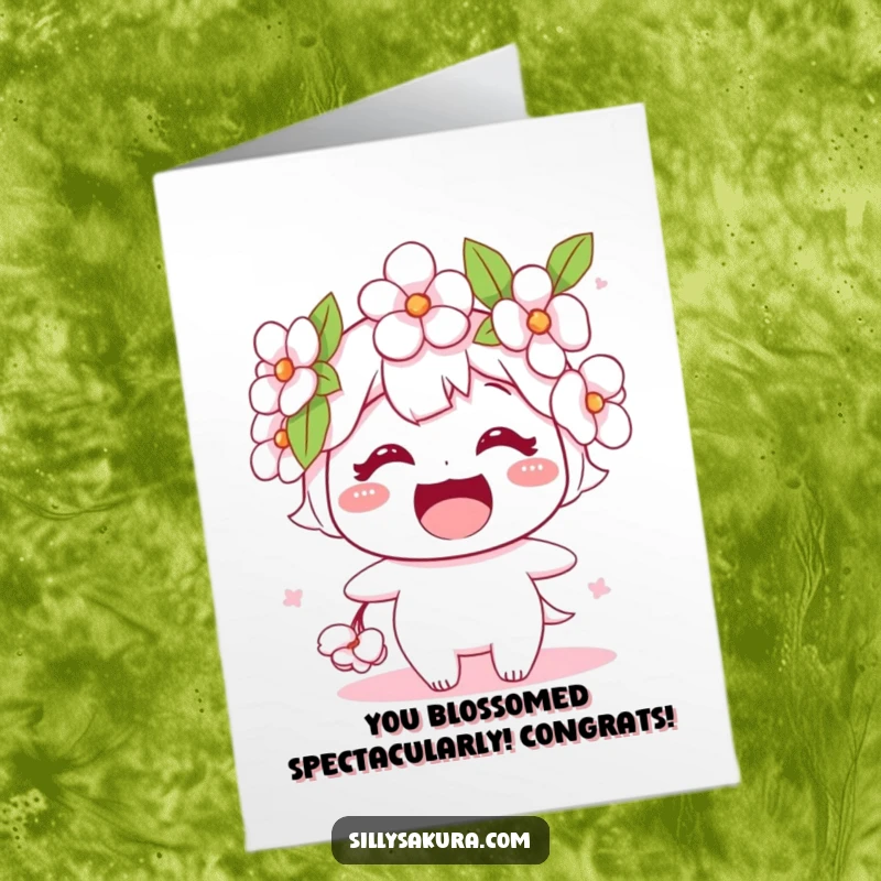 Funny Free Printable Congratulations Card showing a cheerful cherry blossom character beaming with pride, celebrating an achievement.