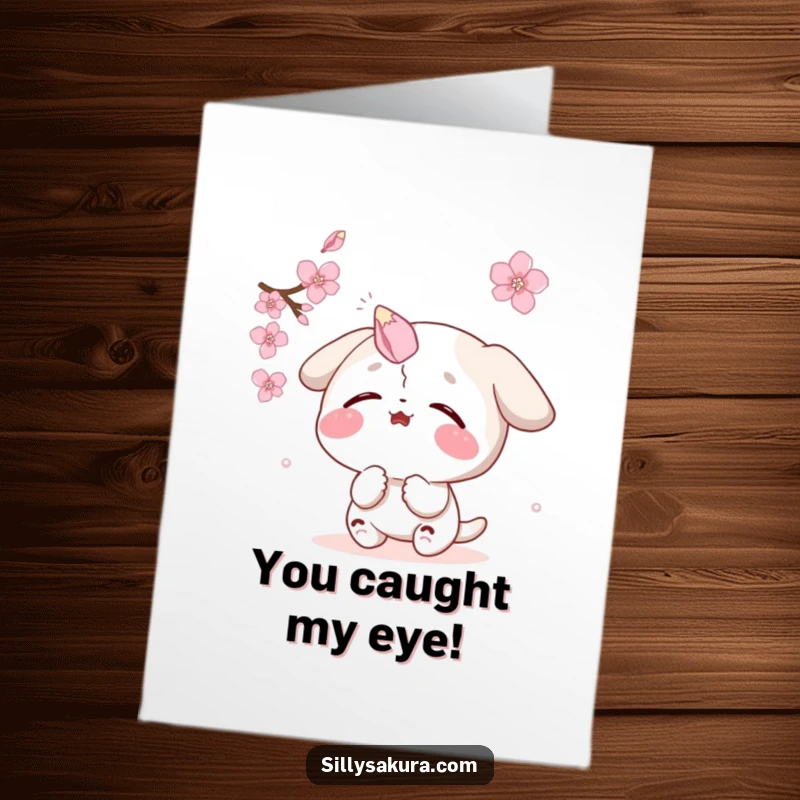 Free Printable Congratulations Card: Character comically trying to catch a falling sakura petal on its nose, celebrating new beginnings.