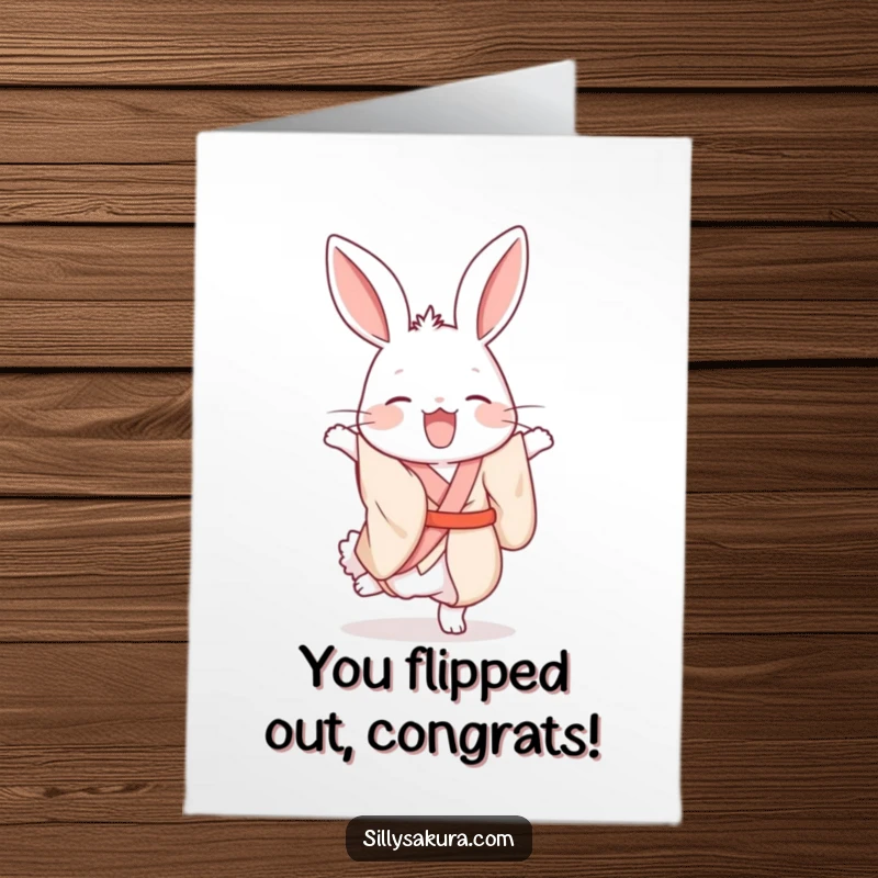 Funny Free Printable Congratulations Card: A giggling rabbit in a silk kimono attempts a wobbly handstand, celebrating success with downloadable charm.