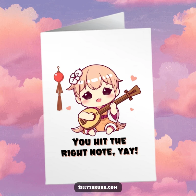 Funny Free Printable Kawaii congratulations card, a cute character joyfully playing a small traditional instrument, celebrating success.