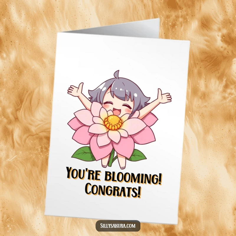 Funny Free Printable Congratulations Card: Character joyfully embraces a large flower with open arms, celebrating achievements with a downloadable touch.